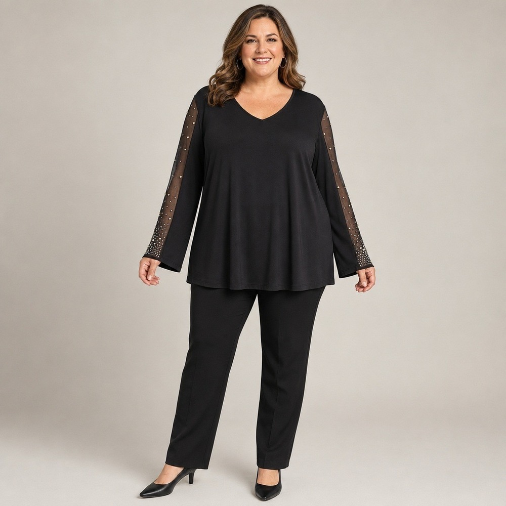 Roaman's Top Women's 18W Black Sheer Mesh Rhinestone Pearl Sleeve Party Tunic